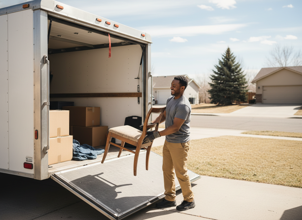 A Rampart Hauling team member carefully loading an item into the trailer