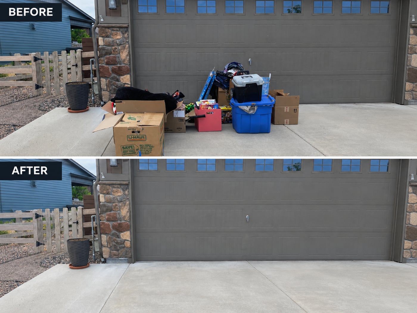 Before and after: a Douglas County garage driveway cleared of furniture and household clutter by Rampart Hauling