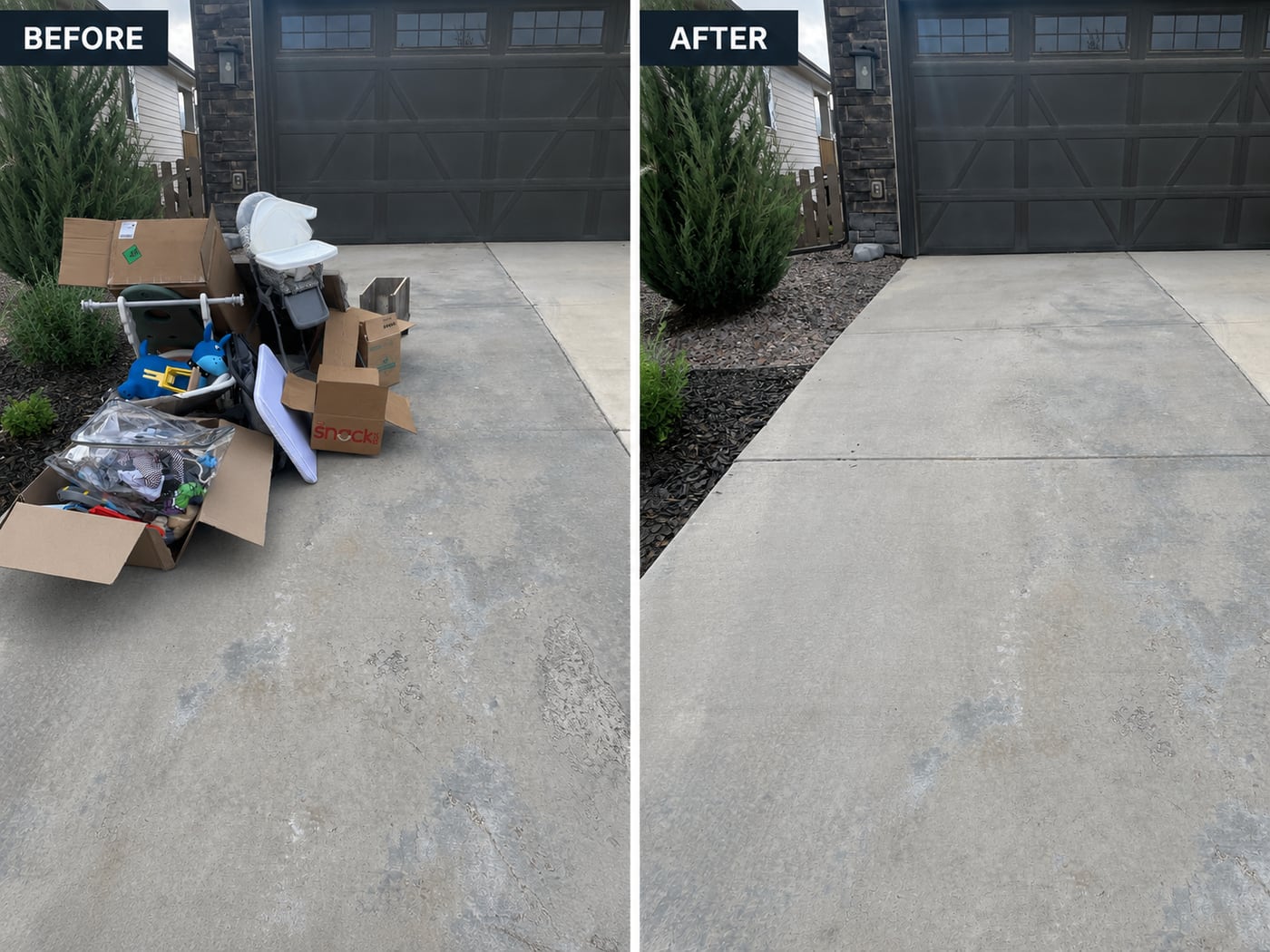Before and after: a driveway piled with boxes and debris, hauled away and swept clean by Rampart Hauling